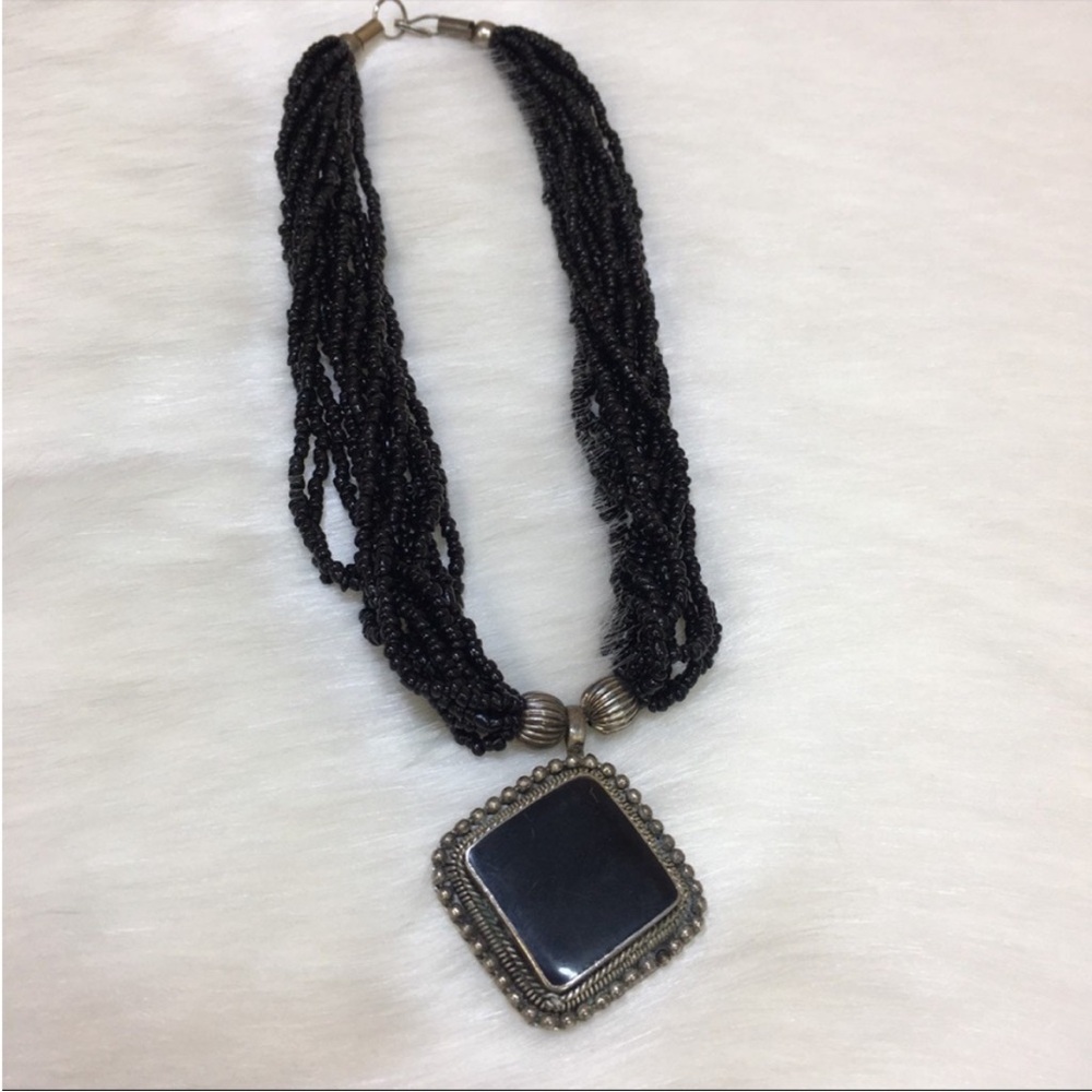 Vintage Tribal Bead Necklace with Silver & Onyx Pendant - Picture 6 of 8